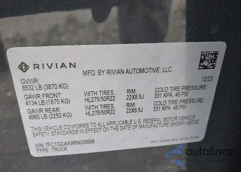 2024 Rivian R1T Adventure Dual Motor Max Pack/Adventure Dual Motor Perf Max Pack из США, поврежденный, VIN 7FCTGCAA9RN030688